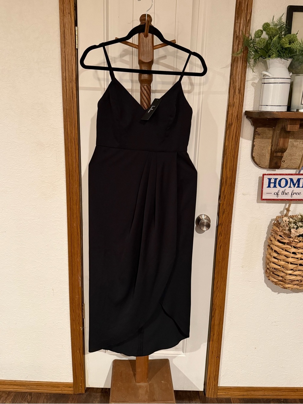 Lulu's Black Spaghetti-Strap Tulip-Front Midi Dress
